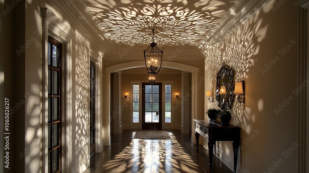 Poster a hallway with a decorative ceiling design casts intricate shadows on the walls and floor.