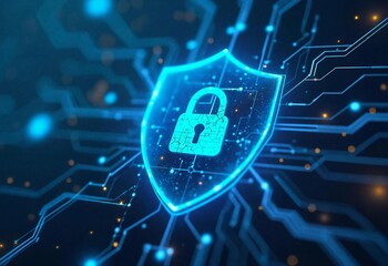 Digital Shield and Lock on Futuristic Background