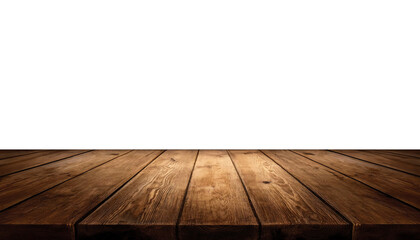 Rustic wooden plank table with transparent background area to insert custom designs, softly lit in the center. Ideal for showcasing vintage or natural-style products