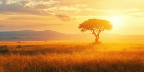 Fototapeta premium Lonely tree under sunset in golden grassland with distant hills.