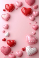 Romantic Pink Background With Frame Of 3d Realistic Hearts. Festive Background For Valentines Day.