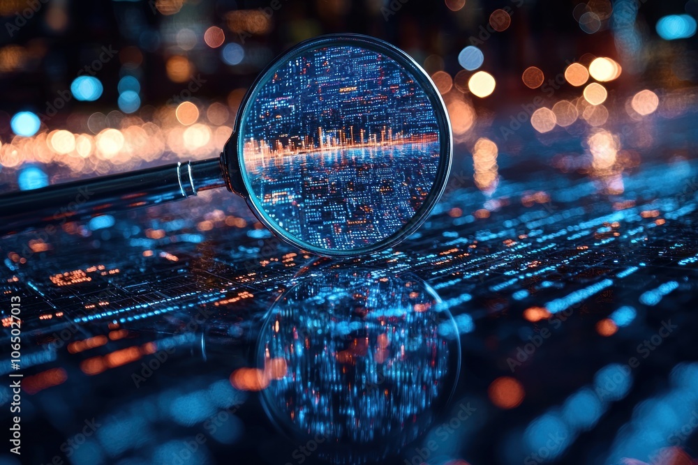 Poster cityscape through a magnifying glass with bokeh lights in background