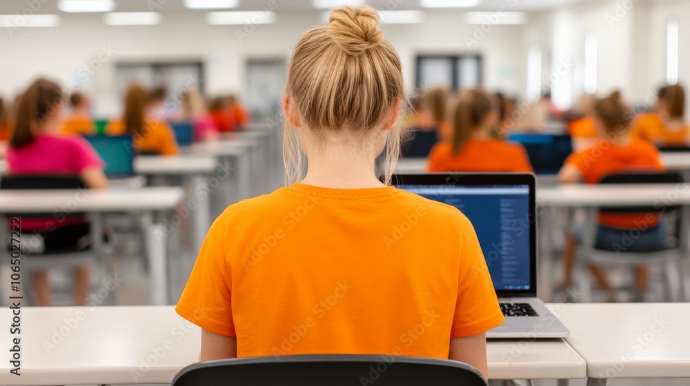 Poster student coding in classroom: a focused young woman sits at a desk in a computer lab, her back to the