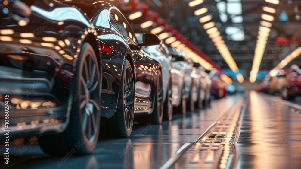 Poster automobiles in production line, reflecting high-tech manufacturing process in an automotive factory.