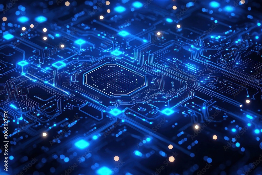 Poster blue illuminated circuit board with glowing lines and components
