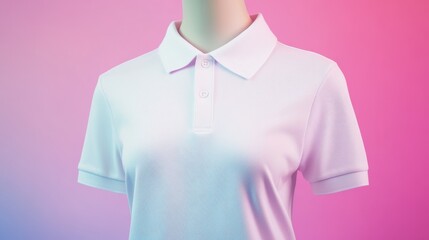 A close-up of a solid color polo shirt on a mannequin highlights texture, collar, and buttons