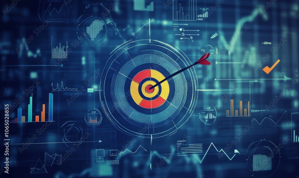 Poster a sharp, focused image of a dart hitting the bullseye on a target, symbolizing precise goal achievem