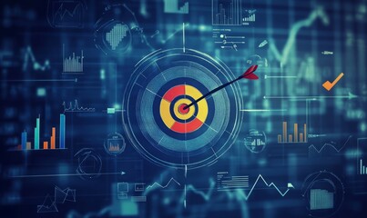 A sharp, focused image of a dart hitting the bullseye on a target, symbolizing precise goal achievement Surrounding the target are various business icons like graphs, charts, and arrows