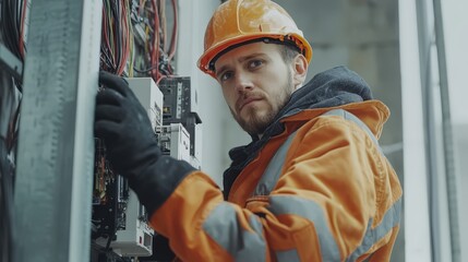 Focused male electrician working on electrical panel wiring, demonstrating precision and technical skill in a challenging industrial environment. Ideal for stock images of trades and expertise.