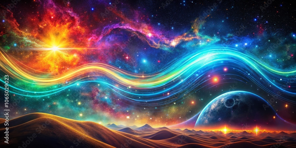 Aufkleber trippy psychedelic space backdrop with pulsating neon cosmic waves flowing through a star-filled gal