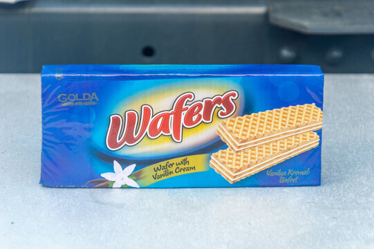 Neubuz, Czech Republic - September 29, 2024: Golda Wafers with vanilla cream.