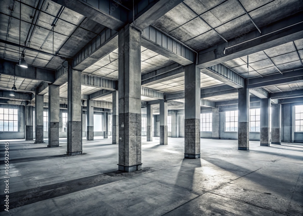 Poster unfinished concrete interior of a business center featuring tall columns and pillars in a grey palet