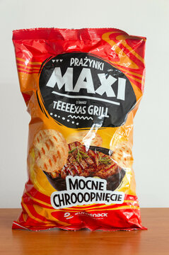 Pruszcz Gdanski, Poland - November 3, 2024: Maxi crisps texas grill flavoured knows in Poland as prazynki.