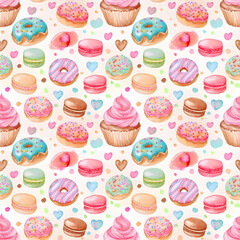 Creating Wallpaper: Hand-Painted Sweets in Pastel Colors for a Seamless Background Pattern
