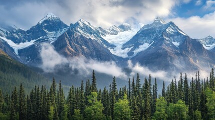 Majestic Snow-capped Mountain Peaks Rising Above a Lush Forest
