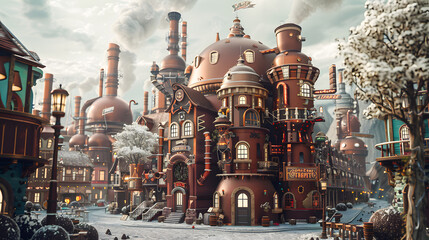 Chocolate factory facade in fantasy world, background with chocolate building