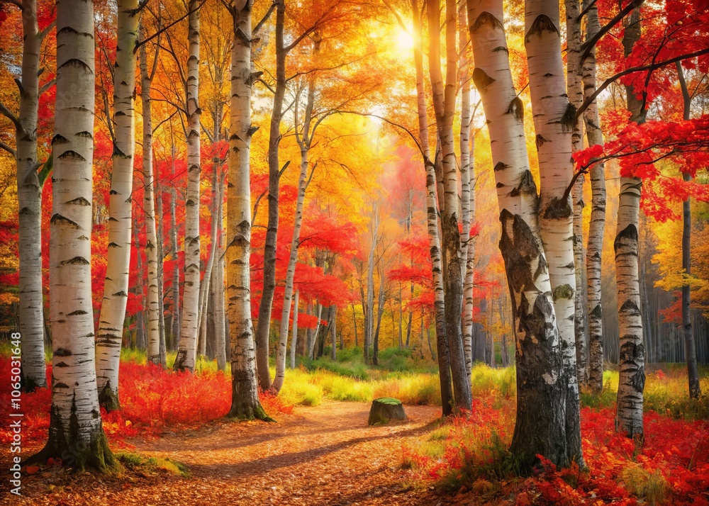 Aufkleber vibrant autumn birches with red and yellow leaves in a tranquil forest setting captured using the ru
