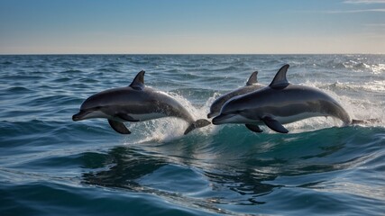 Obraz premium Jumping dolphins against the sea horizon