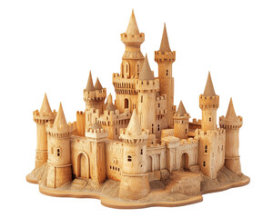 Obraz premium detailed wooden castle model with towers and walls, showcasing intricate craftsmanship and design. Perfect for decor or as collectible