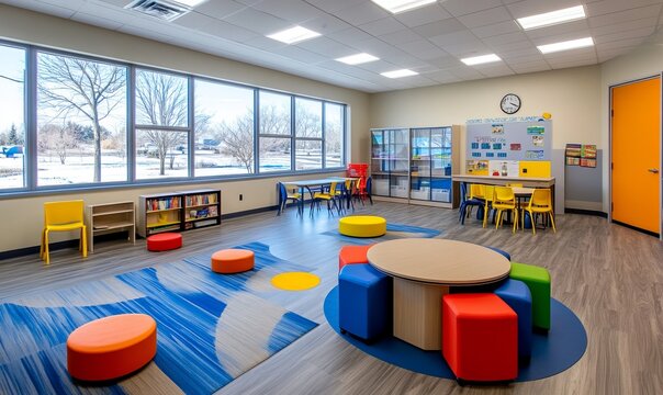 A special education classroom features bright, colorful furniture set up in flexible seating configurations, promoting an engaging learning environment for students