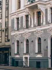 Beautiful building facade in the center of Riga. Architecture of the capital of Latvia