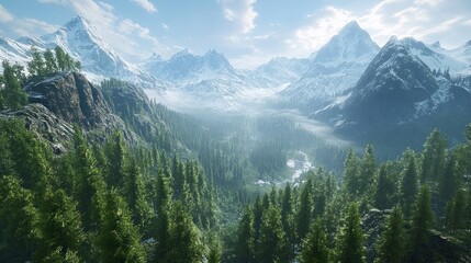 Obraz premium A Misty Valley Surrounded by Snow-Covered Mountains