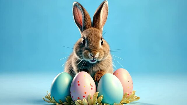 Easter bunny and colorful decorated eggs on blue background. Happy Easter.