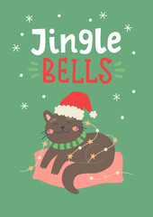 Cute feline with Santa hat laying on a pillow. Christmas cat card. Vector card design template