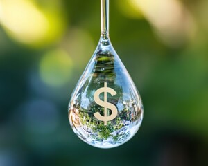 Fototapeta premium A water droplet with a dollar symbol reflects nature, symbolizing the value of resources and the importance of conservation.