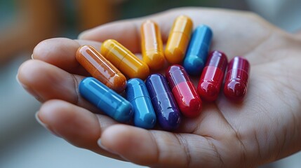 A hand holding colorful capsules, suggesting health or dietary supplements.
