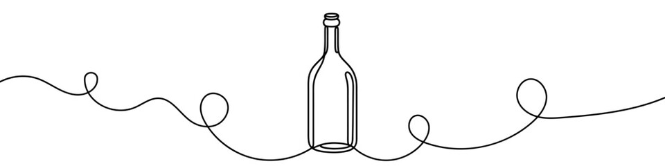 One continuous line illustration of a wine bottle, isolated on white background. Line art of a wine bottle