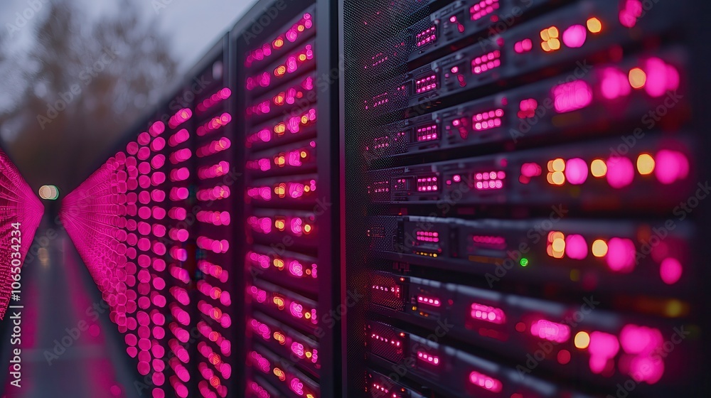 Poster data centers illuminate with blinking server lights