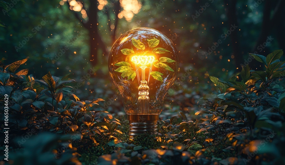 Poster a glowing light bulb with green leaves inside in a forest setting