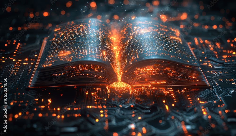 Aufkleber glowing open book on circuit board background