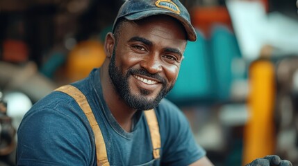 Fototapeta premium Black male mechanic working under the hood of a car with a smile, showcasing dedication and skill in automotive repair and maintenance in a garage setting.