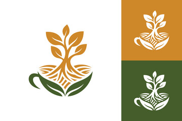 Natural coffee cups with plant rooted tree logo design 