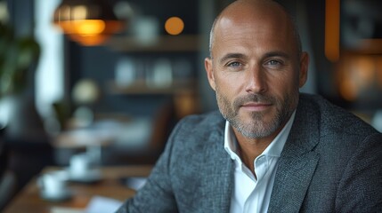 Fototapeta premium a bald european businessman in a suit sitting in his office