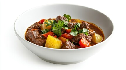 Warm Beef Stew in a White Bowl from High Angle View