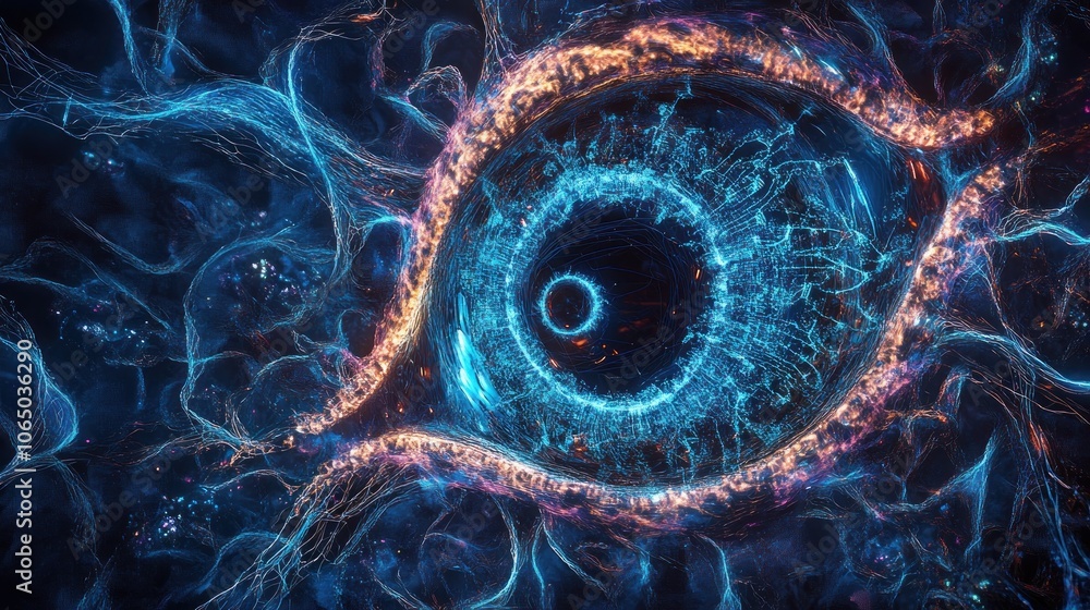 Poster an abstract digital rendering of an eye with glowing blue and orange light emanating from the iris.