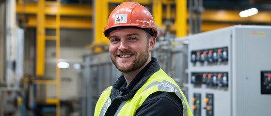 Smiling male electrician standing confidently with crossed arms in front of an electrical control panel, symbolizing expertise and professionalism in the electrical industry.