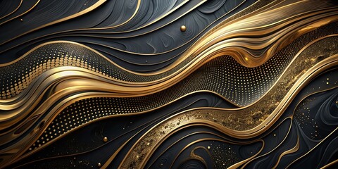 Naklejka premium Abstract Black and Gold Background with Curved Lines and Dot Pattern - Elegant Digital Art for Modern Design and Aesthetic Appeal