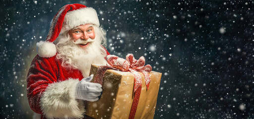 Cheerful Santa Claus with Christmas gift in his hands on a dark background with snow