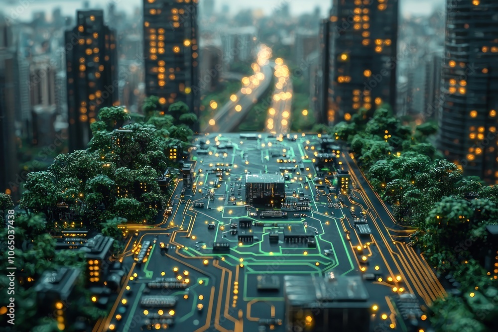 Poster circuit board landscape with cityscape and green trees in background