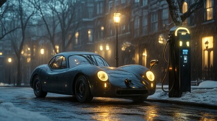 Fototapeta premium Classic Sports Car Charging in Snowy City at Night