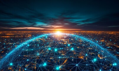 Obraz premium A wide-angle view captures a globe formed from intricate digital lines and shapes, glowing with vibrant blue and green lights, symbolizing global connectivity and innovation