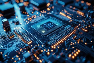 Fototapeta premium Close-up of a glowing blue circuit board with a central processor