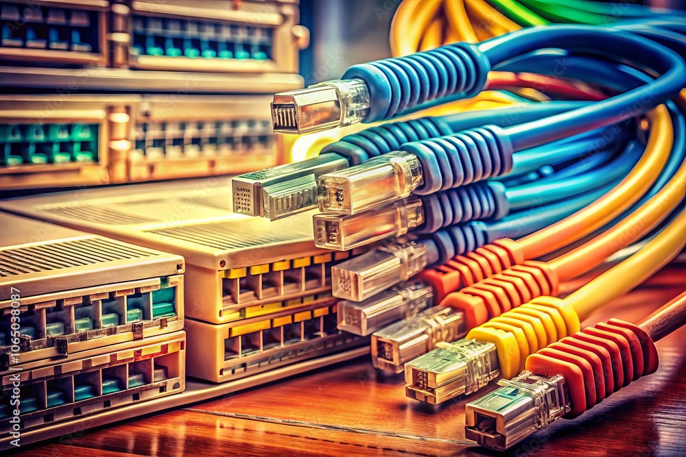 Aufkleber vintage style photography of lan internet network cables and rj45 connectors for cloud computing and