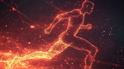 Abstract technology particle data composed of holographic image of running man