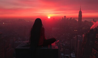 A young woman with long black hair, named Luna, perched atop a high city building at dawn, gazing at the horizon as the city awakens