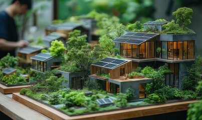 Fototapeta premium Ecology concept, a model of a green city with solar panels on the roofs of houses.